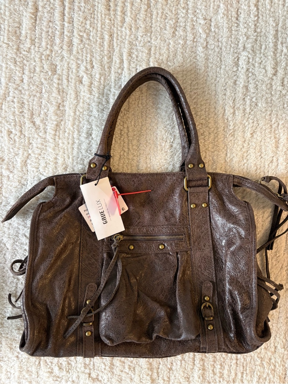 Brand new BALENCIAGA style Distressed Leather Brown Leather Bag with crossbody